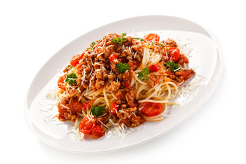 Pasta with meat, tomato sauce and vegetables 