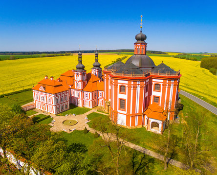 Aerial view of Marianska Tynice - The Pilgrimage Church of the Annunciation of Our Lady. Baroque architecture in rural landscape. Beautiful landmark in Czech Republic, Europe. 