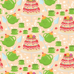 Seamless pattern of tea pot with cake and cups. vector illustrat