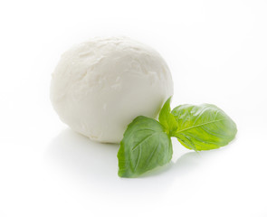 Mozzarella Buffalo with basil leaf isolated on white background.