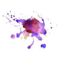 Abstract watercolor stain with splashes of  purple violet color