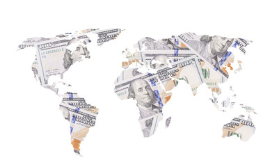 World map made of dollar bills as concept for world economy. Profit, capital, finance and money.