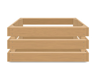 Empty wooden box for fruits and vegetables. Detailed vector illustration, Isolated. Box for transportation and storage of products.