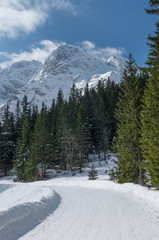 Winter view over road to Morskie Oko lake in Tatra mountains, Poland