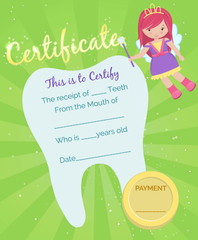Cute tooth fairy receipt certificate template with sparkling tooth, tooth fairy girl and coin. Reward for children who loose their baby teeth.