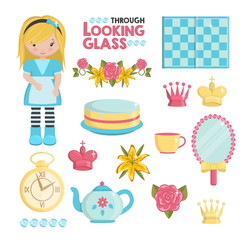 Alice through the looking glass magic dream illustrations set. Holiday and event decorations, design elements. Roses, lilly, cake, alice girl, chess