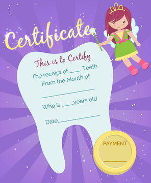 cute tooth fairy receipt certificate template with sparkling tooth tooth fairy girl and coin reward for children who loose their baby teeth stock vector adobe stock