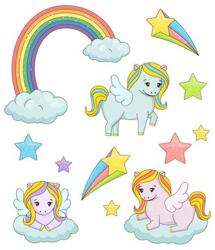 A set of cute magic pegasus fairy tale illustrations. Holiday and event decorations, design elements. Rainbow, clouds, stars.
