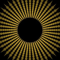 Dark background with yellow patterned rays in sun shape, symbol the fading sun