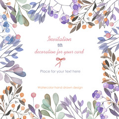 Background, template postcard with a floral ornament of the watercolor branches and berries, hand drawn in a pastel on a white background, background for your card and work