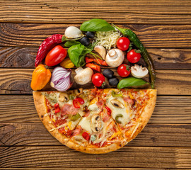 Rustic pizza with ingredients, top view