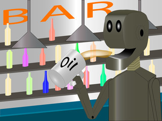 robot at the bar drinking oil