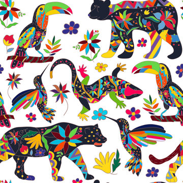 Seamless pattern with isolated Mexican animals and flowers. Vect