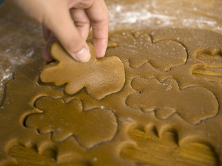 close-up of hand preparing gingerbread cookies