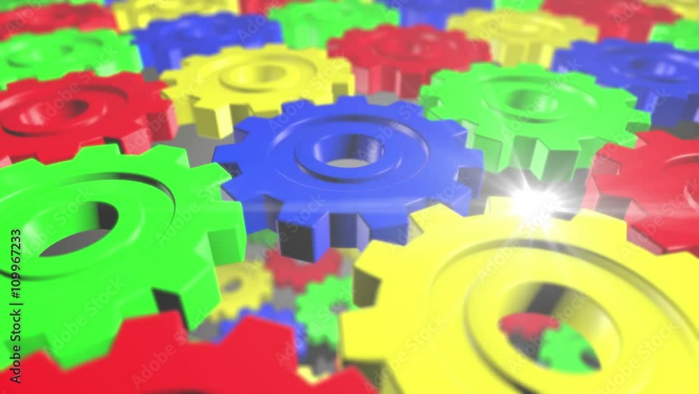 Poster seamless looping 3d animation of rotating colorful gears