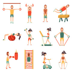 Vector cartoon characters with gym equipment