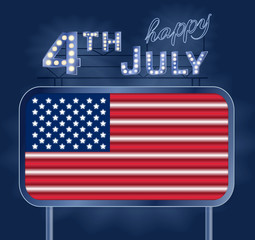 Design for fourth of July Independence Day USA. A neon American flag inside of shining retro light banner. Realistic