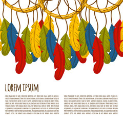 Native american indian dreamcatcher with cartoon feathers. Ethnic indian tribal magical symbol. Indian native american culture and tradition. Charm, talisman, tribal dreams keeper, dreamcatcher