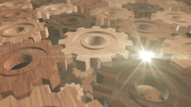 Seamless looping 3d animation of rotating wooden gears