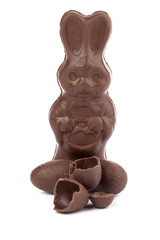 Fototapeta na wymiar broken chocolate eggs and chocolate bunny