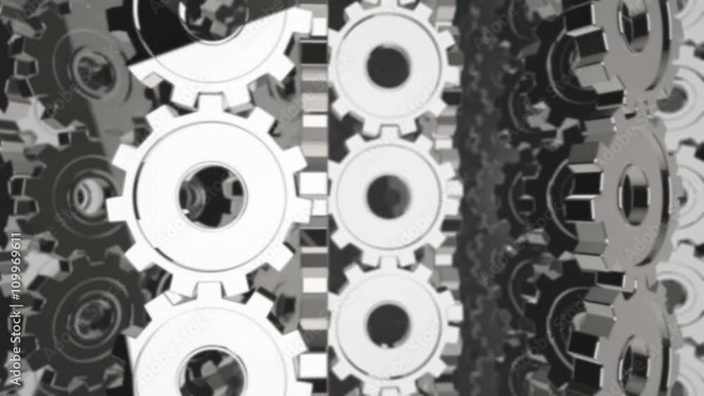 Poster seamless looping 3d animation of a giant rotating chrome gears machine
