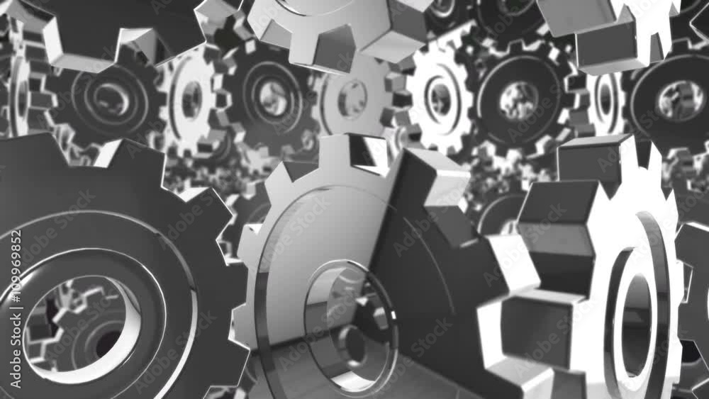 Poster seamless looping 3d animation of a giant rotating chrome gears machine
