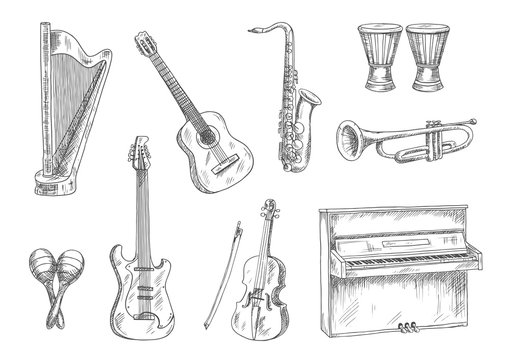 Musical instruments sketch icons for art design