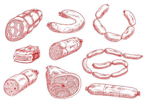 Fresh and tasty meat products red sketch icons