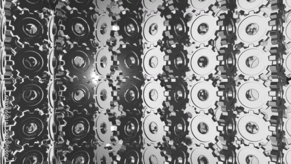 Poster seamless looping 3d animation of a giant rotating chrome gears machine