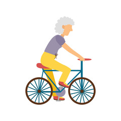 Vector illustration with cartoon flat old woman on bicycle. Vector old people activity concept. Active pensioner. Healthy sport lifestyle. Cartoon character old woman and bicycle. Sport for old people