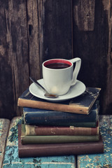 coffee on some books