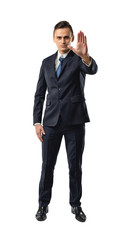 Cutout businessman showing stop hand sign.