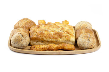 delicious bread set in wooden tray
