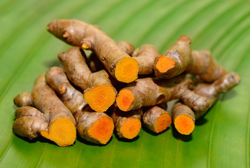 fresh Turmeric on banana leaf