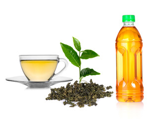 glass cup of hot tea,fresh tea leave, dry green tea and bottle o