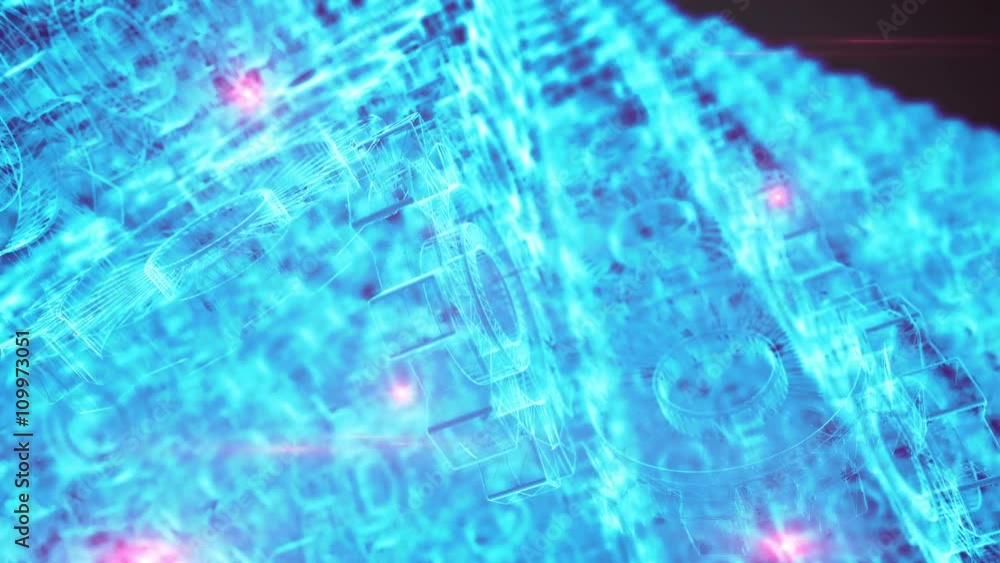 Poster seamless looping 3d animation of a giant rotating blue wireframe gears machine