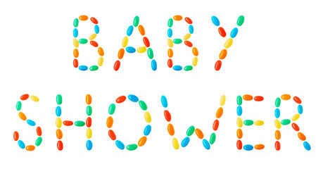 Baby shower lettering made of multicolored candies