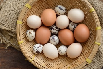 overhead view of a basket full of eggs in a sacking background