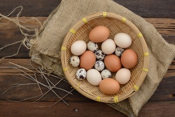 overhead view of a basket full of eggs in a sacking background