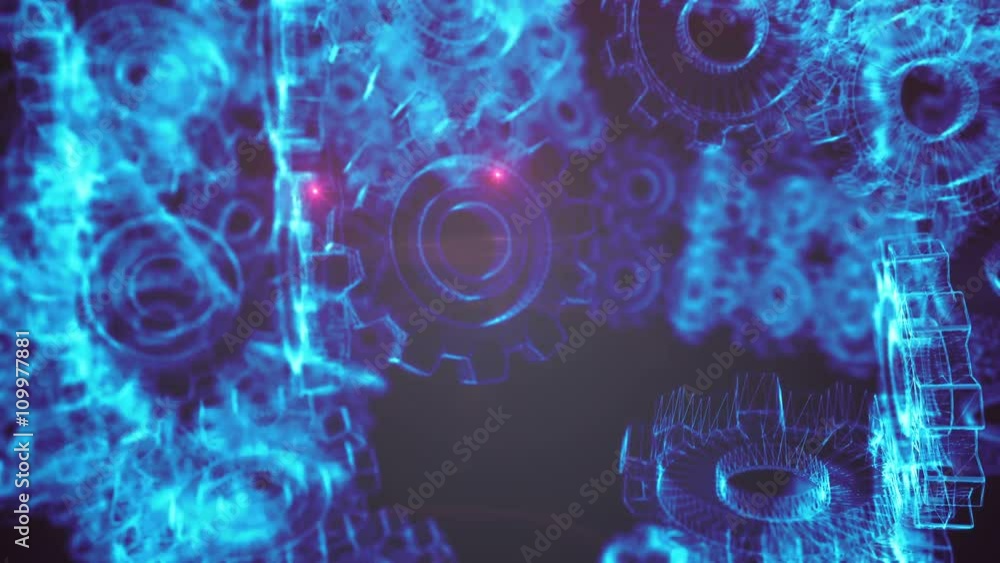 Poster seamless looping 3d animation of a giant rotating blue wireframe gears machine