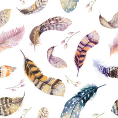 Fototapety  Feathers repeating pattern. Watercolor background with seamless