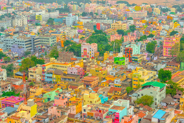 aerial view of colorful homes Indian city Trichy, Tamil Nadu