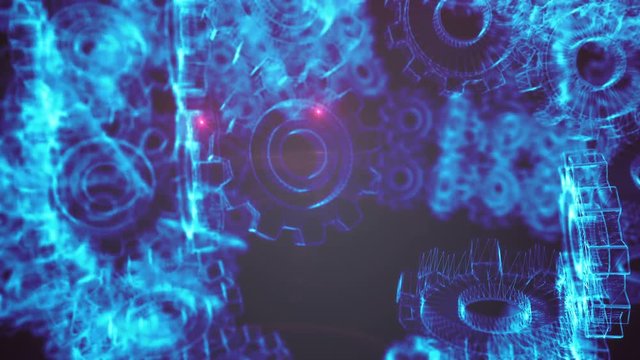 Seamless looping 3d animation of a giant rotating blue wireframe gears machine