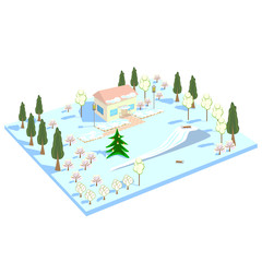 The house the outdoors in winter with a Recreation area, a hill for skiing, a Christmas tree. Isometric winter landscape