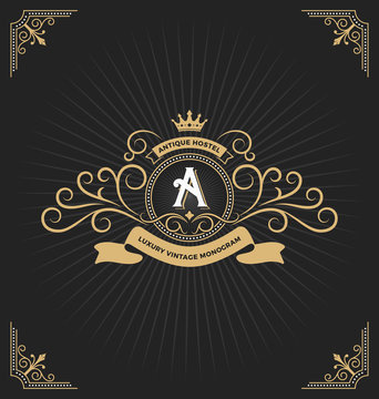 Vintage monogram frame with ribbon decorative. Vector illustration