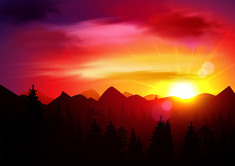 Beautiful Sunset Mountains Landscape. Nature Background Template. Vector Panorama.