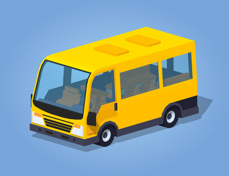 Yellow passenger van against the blue background. 3D lowpoly isometric vector illustration