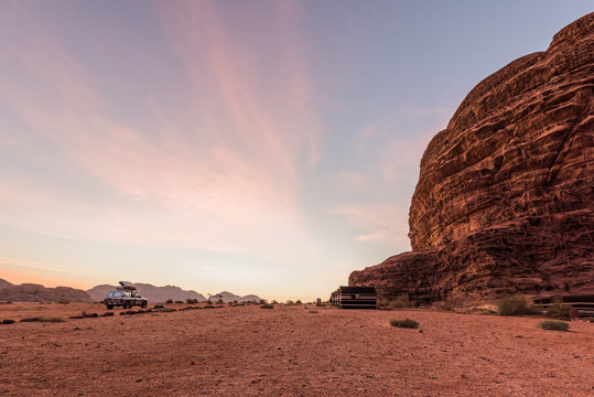Camp in Wadi Rum at sunrise