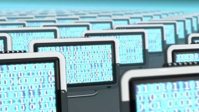 Seamless looping 3d animation of bright computer screens showing binary code
