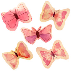 A set of vintage style butterflies, hand painted on toned paper and cut out as for scrapbooking